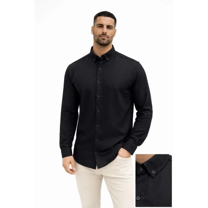 Erkek KETEN Kumaş Oversize Uzun Kollu Rahat Kalıp Gömlek - Siyah