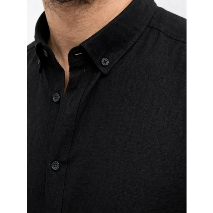 Erkek KETEN Kumaş Oversize Uzun Kollu Rahat Kalıp Gömlek - Siyah