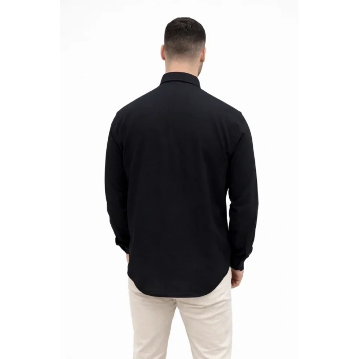 Erkek KETEN Kumaş Oversize Uzun Kollu Rahat Kalıp Gömlek - Siyah