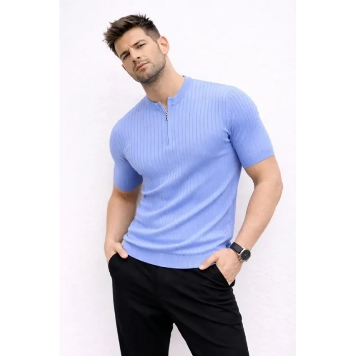 Erkek Kısa Kol Fitilli Triko T-Shirt Yazlık Hakim Yaka Tişört - Bebek Mavisi