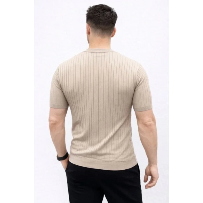 Erkek Kısa Kol Fitilli Triko T-Shirt Yazlık Hakim Yaka Tişört - Bej