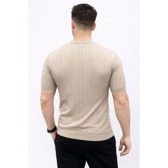 Erkek Kısa Kol Fitilli Triko T-Shirt Yazlık Hakim Yaka Tişört - Bej