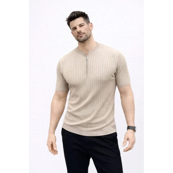 Erkek Kısa Kol Fitilli Triko T-Shirt Yazlık Hakim Yaka Tişört - Bej