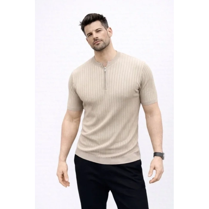 Erkek Kısa Kol Fitilli Triko T-Shirt Yazlık Hakim Yaka Tişört - Bej