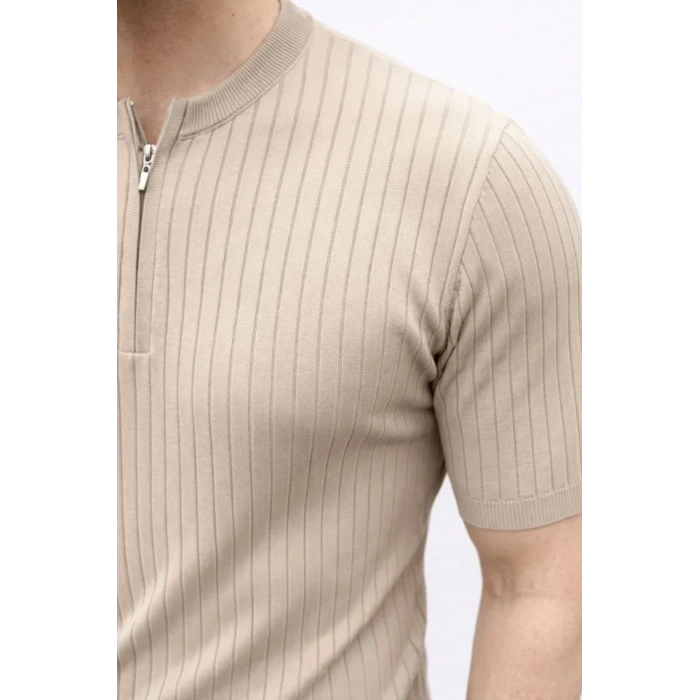 Erkek Kısa Kol Fitilli Triko T-Shirt Yazlık Hakim Yaka Tişört - Bej