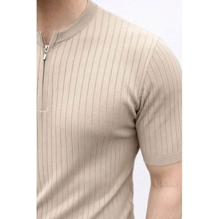 Erkek Kısa Kol Fitilli Triko T-Shirt Yazlık Hakim Yaka Tişört - Bej