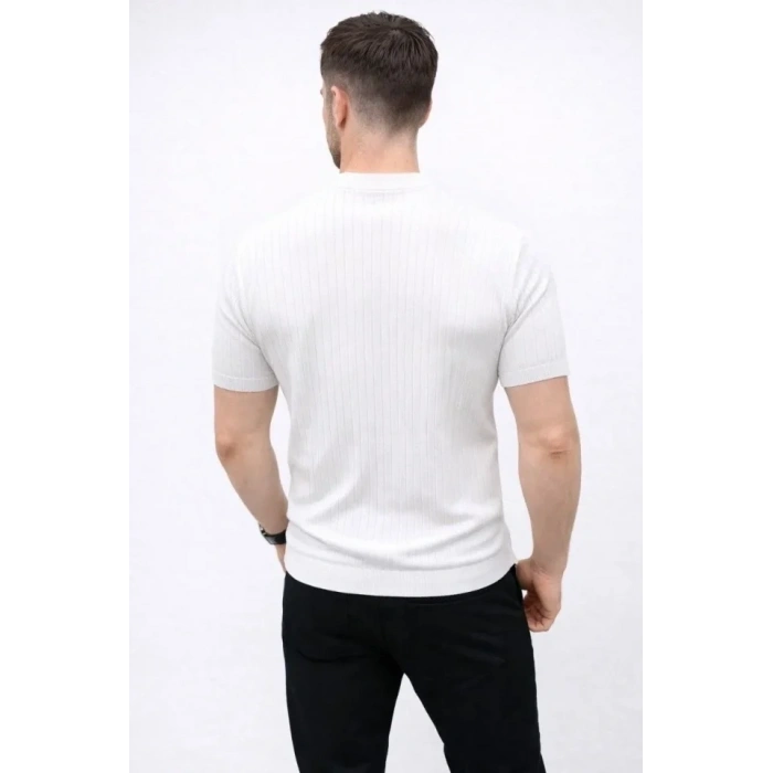 Erkek Kısa Kol Fitilli Triko T-Shirt Yazlık Hakim Yaka Tişört - Beyaz