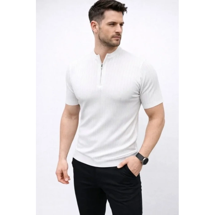 Erkek Kısa Kol Fitilli Triko T-Shirt Yazlık Hakim Yaka Tişört - Beyaz