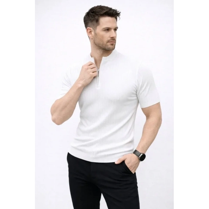 Erkek Kısa Kol Fitilli Triko T-Shirt Yazlık Hakim Yaka Tişört - Beyaz