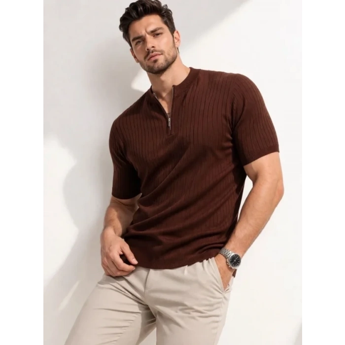 Erkek Kısa Kol Fitilli Triko T-Shirt Yazlık Hakim Yaka Tişört - Kahverengi