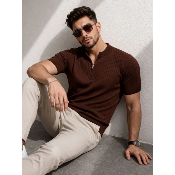 Erkek Kısa Kol Fitilli Triko T-Shirt Yazlık Hakim Yaka Tişört - Kahverengi