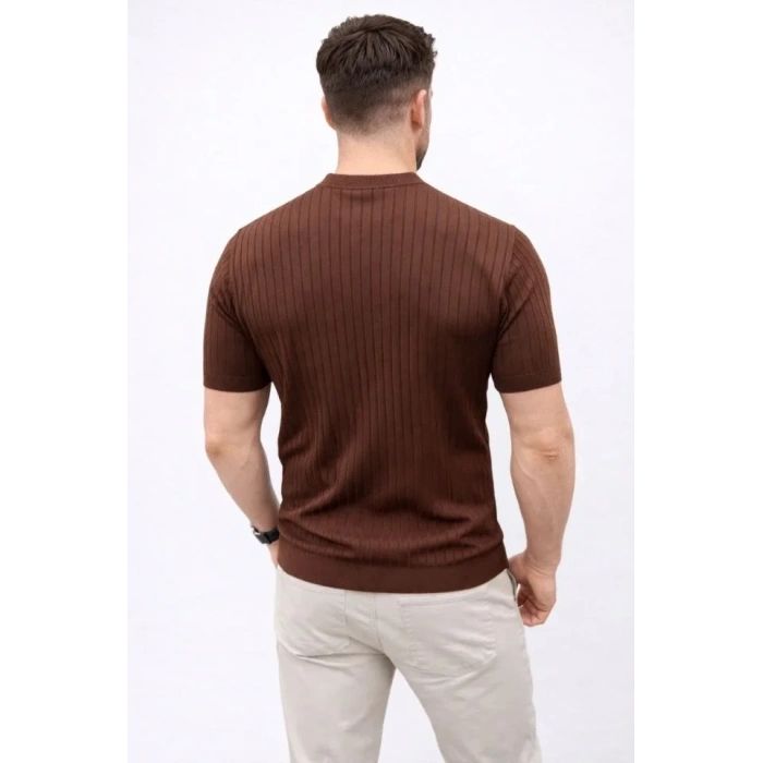 Erkek Kısa Kol Fitilli Triko T-Shirt Yazlık Hakim Yaka Tişört - Kahverengi