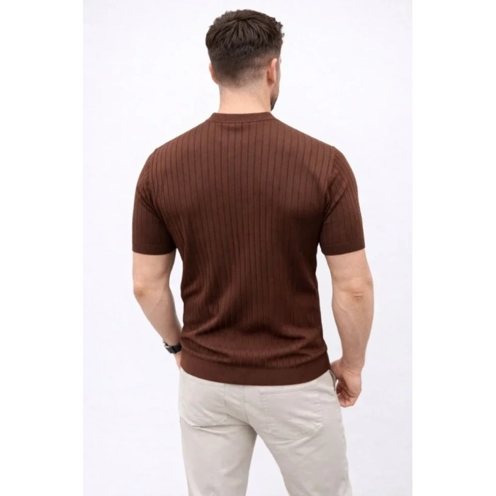 Erkek Kısa Kol Fitilli Triko T-Shirt Yazlık Hakim Yaka Tişört - Kahverengi