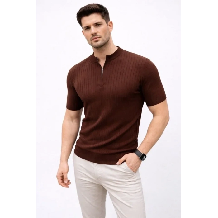 Erkek Kısa Kol Fitilli Triko T-Shirt Yazlık Hakim Yaka Tişört - Kahverengi