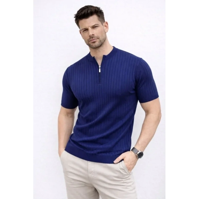 Erkek Kısa Kol Fitilli Triko T-Shirt Yazlık Hakim Yaka Tişört - Lacivert
