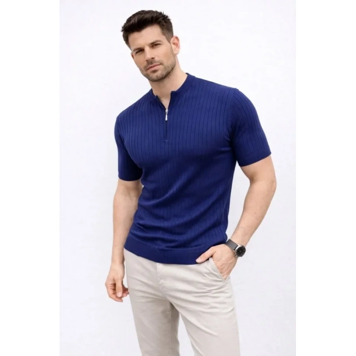 Erkek Kısa Kol Fitilli Triko T-Shirt Yazlık Hakim Yaka Tişört - Lacivert