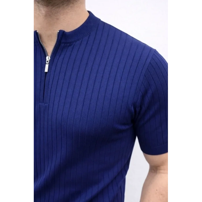 Erkek Kısa Kol Fitilli Triko T-Shirt Yazlık Hakim Yaka Tişört - Lacivert