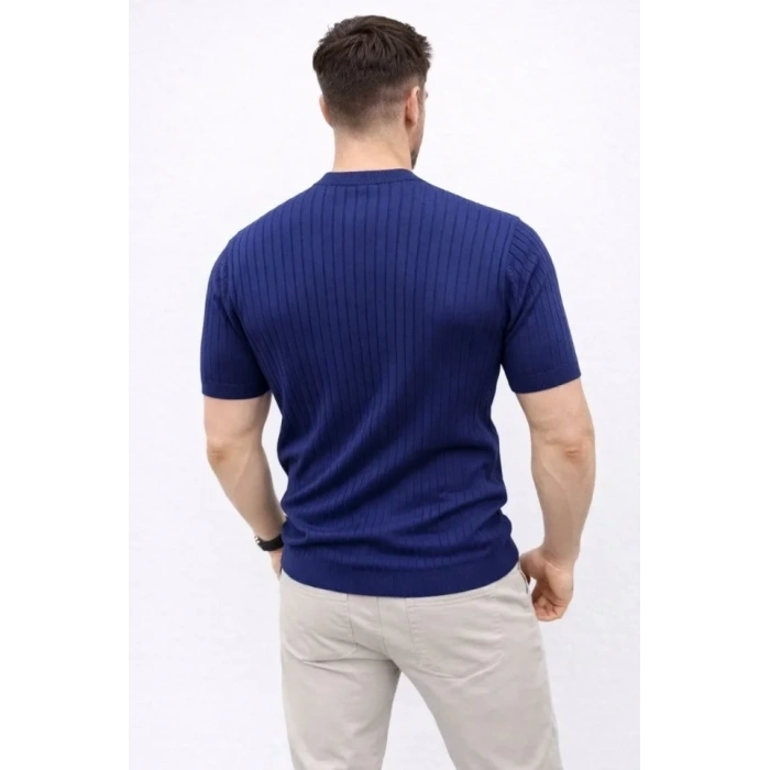 Erkek Kısa Kol Fitilli Triko T-Shirt Yazlık Hakim Yaka Tişört - Lacivert