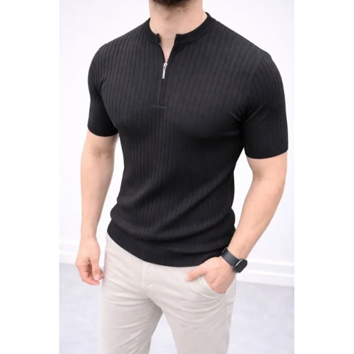 Erkek Kısa Kol Fitilli Triko T-Shirt Yazlık Hakim Yaka Tişört - Siyah