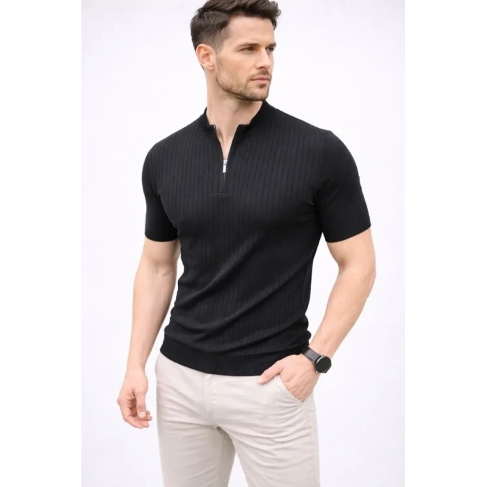 Erkek Kısa Kol Fitilli Triko T-Shirt Yazlık Hakim Yaka Tişört - Siyah