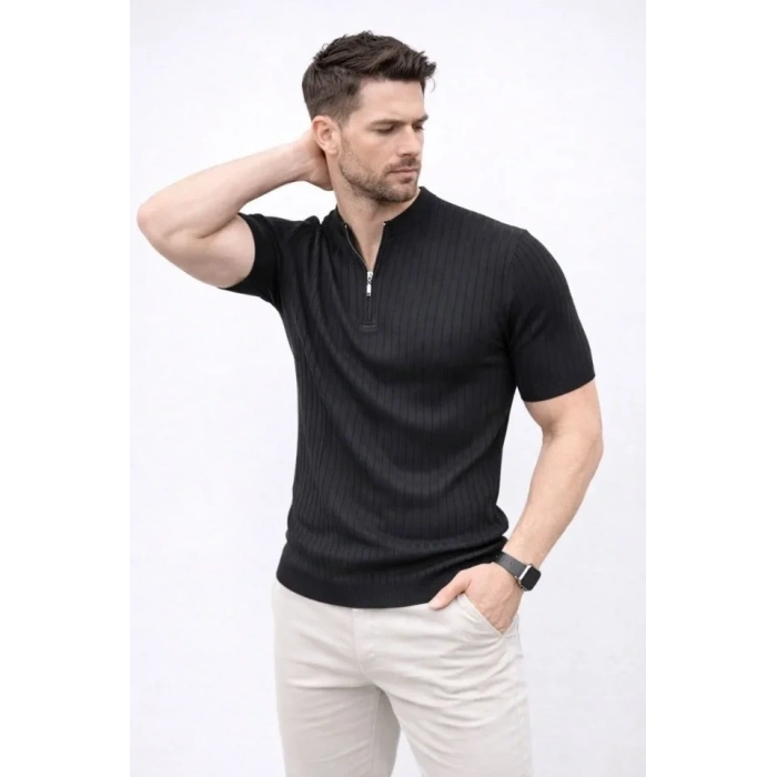 Erkek Kısa Kol Fitilli Triko T-Shirt Yazlık Hakim Yaka Tişört - Siyah