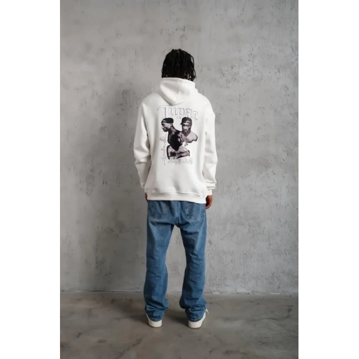 Erkek Kol Ve Etek Ribana Baskılı Kapüşonlu Sweat - Beyaz