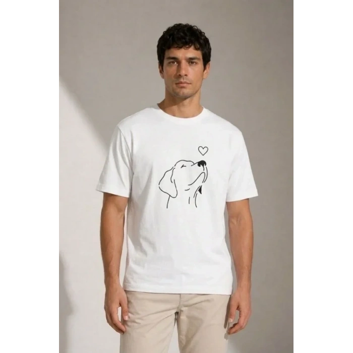 Erkek Köpek Figürlü Minimal Baskılı Tişört Kısa Kol Yazlık T-Shirt - Beyaz