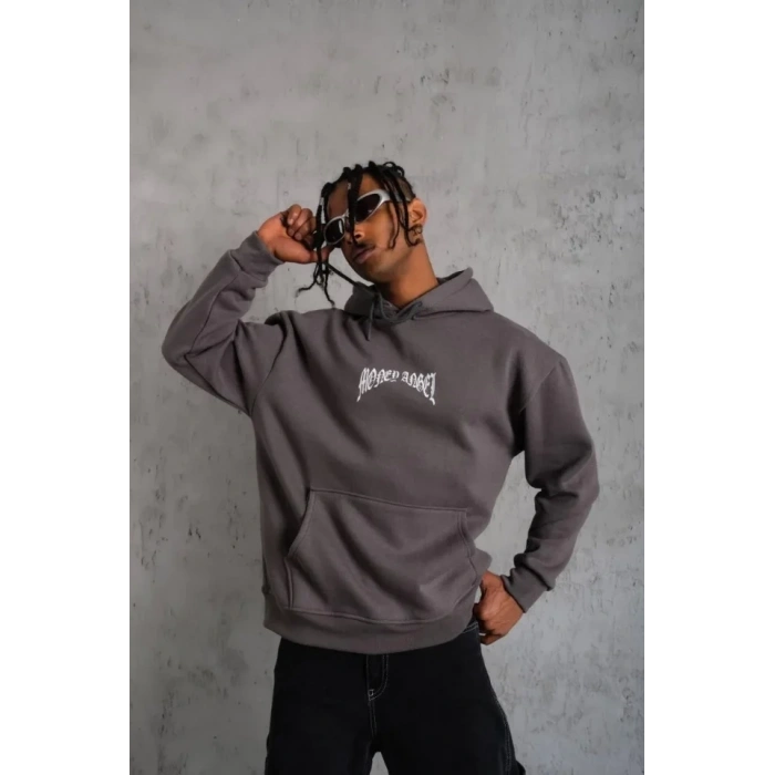 Erkek Kordon İpli Baskılı Kapüşonlu Sweatshirt - Füme