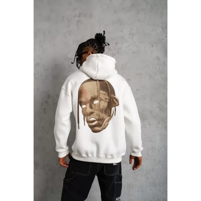 Erkek Kordonlu Arka Maske Kordon Saçlı Kapüşonlu - Beyaz