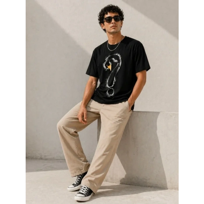 Erkek Kuğu Figürlü Soru İşareti Baskılı Tişört Kısa Kol T-Shirt - Siyah