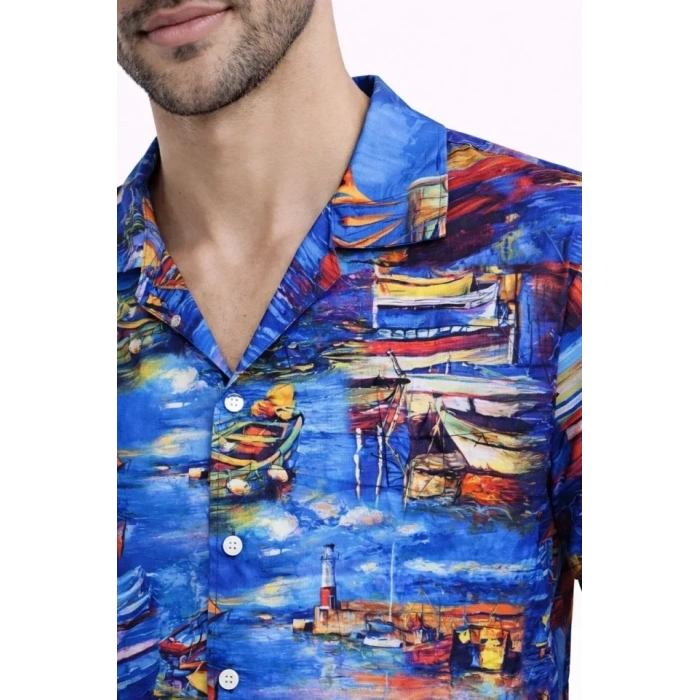 Erkek Marin Desenli Kısa Kol Gömlek Yazlık Rahat Kalıp Dijital Baskılı - Desenli