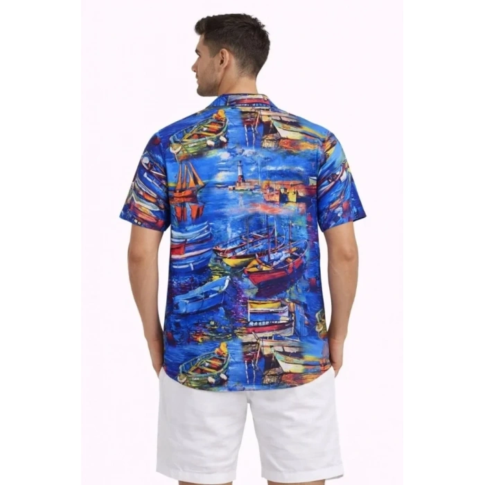 Erkek Marin Desenli Kısa Kol Gömlek Yazlık Rahat Kalıp Dijital Baskılı - Desenli