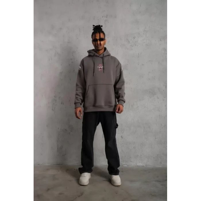 Erkek Maske Baskılı Kapüşonlu Sweat - Gri
