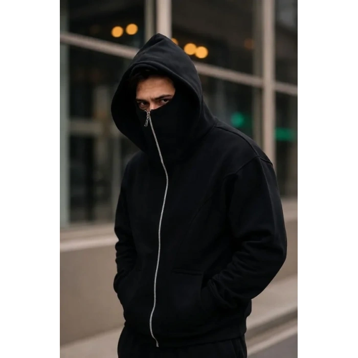 Erkek Maskeli Ninja Model Çift Kapüşonlu 3 İplik Şardonlu Fermuarlı Sweatshirt - Siyah