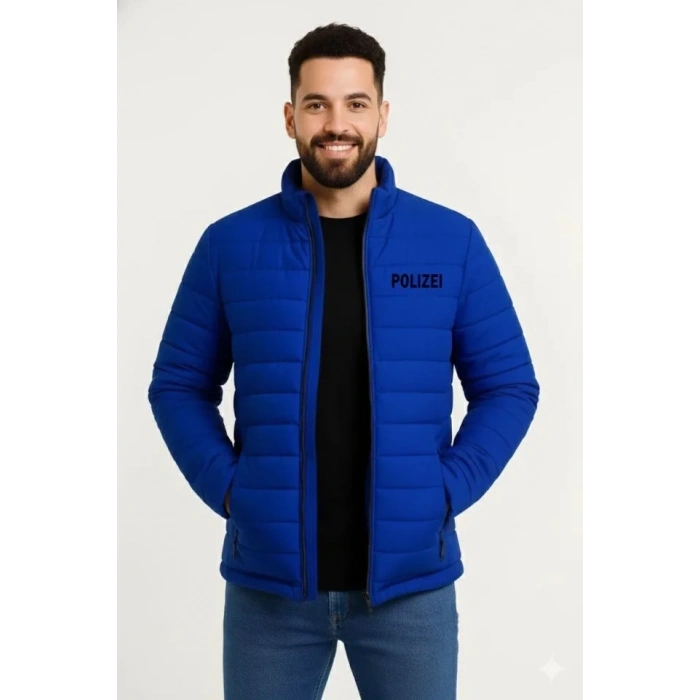 Erkek Mikro Su İtici Kapitone Baskılı Astarlı Fermuarlı Bomber Mont - Saks Mavisi