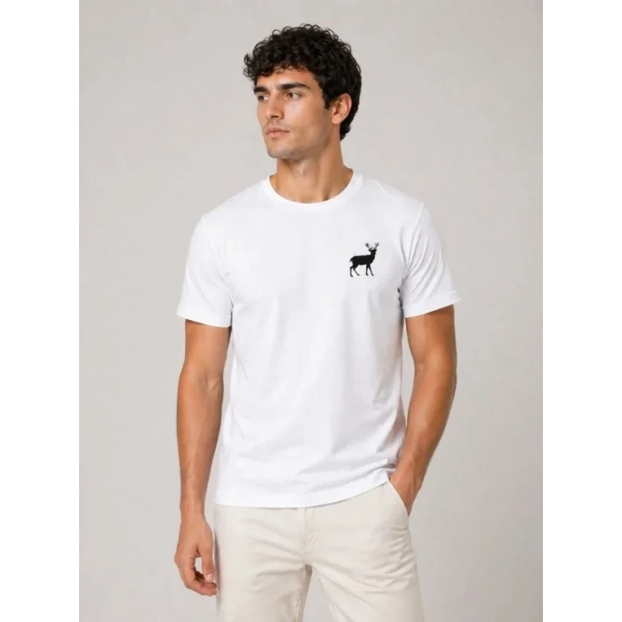 Erkek Minimal Geyik Logolu Tişört Bisiklet Yaka Kısa Kol Yazlık T-Shirt - Beyaz