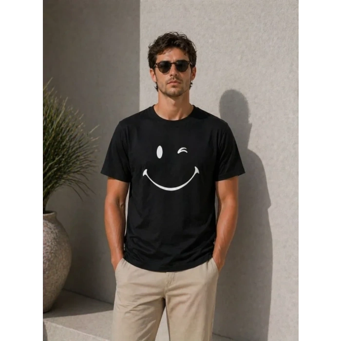 Erkek Minimal Gülümseyen Yüz Baskılı Tişört Kısa Kol Yazlık T-Shirt - Siyah