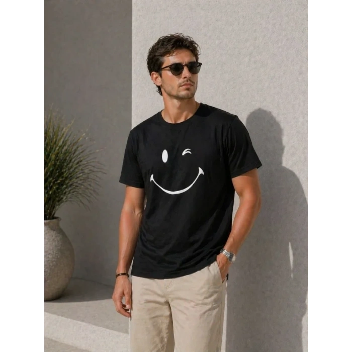 Erkek Minimal Gülümseyen Yüz Baskılı Tişört Kısa Kol Yazlık T-Shirt - Siyah