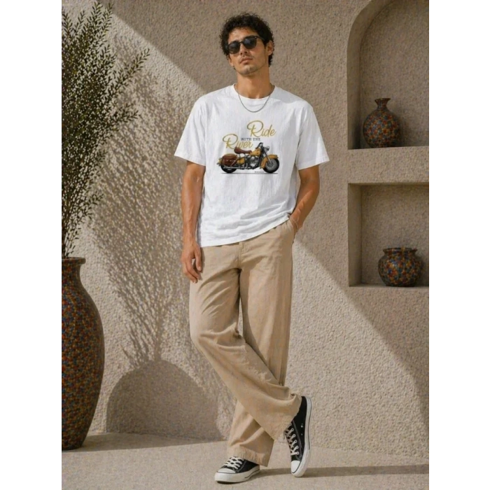 Erkek Motosiklet Baskılı Tişört Bisiklet Yaka Kısa Kol Yazlık T-Shirt - Beyaz