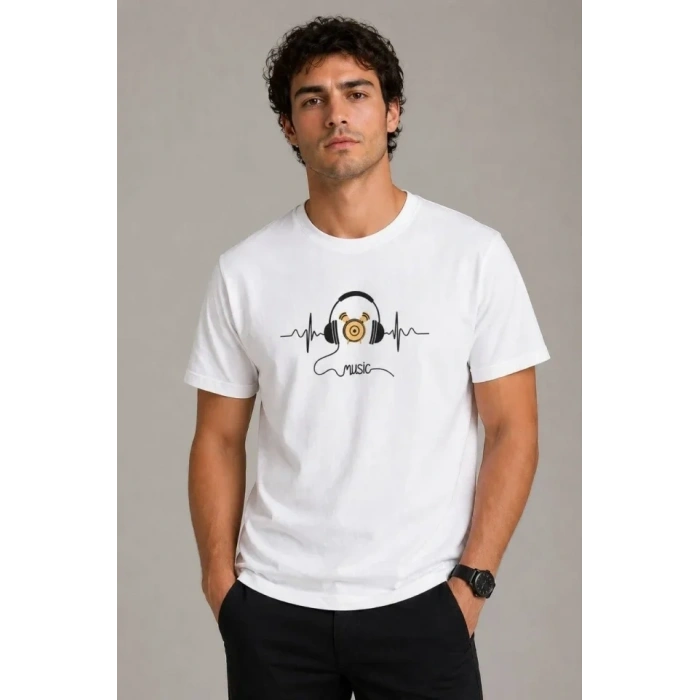 Erkek Müzik Temalı Baskılı Tişört Bisiklet Yaka Kısa Kol T-Shirt - Beyaz