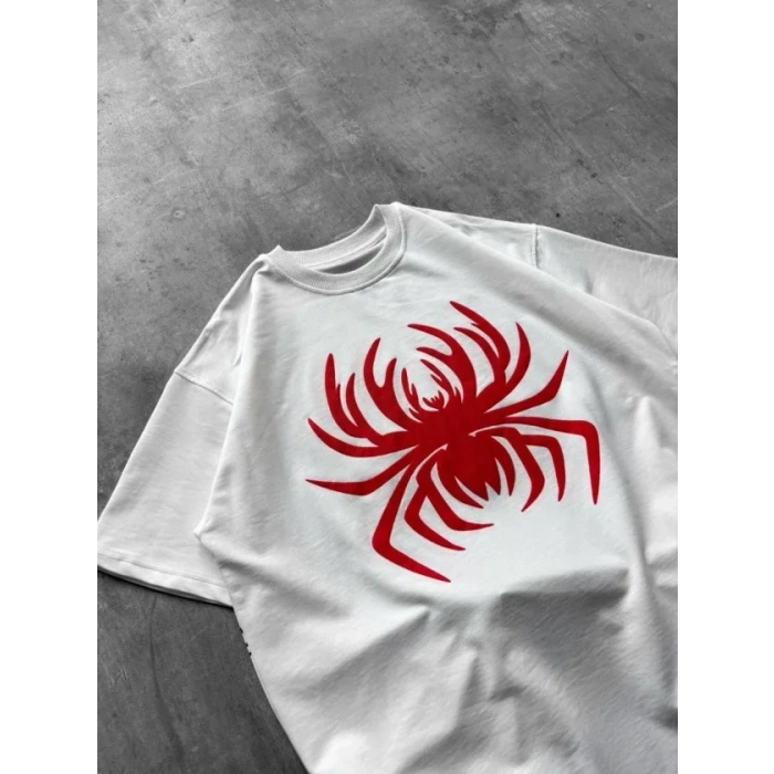 Erkek Örümcek Baskılı Tişört Kısa Kollu Bisiklet Yaka T-Shirt - Beyaz