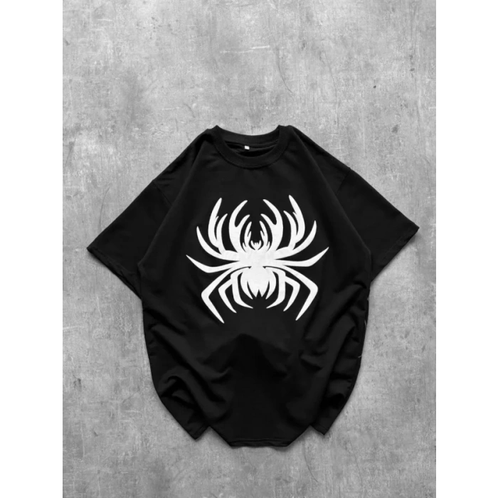 Erkek Örümcek Baskılı Tişört Kısa Kollu Bisiklet Yaka T-Shirt - Siyah
