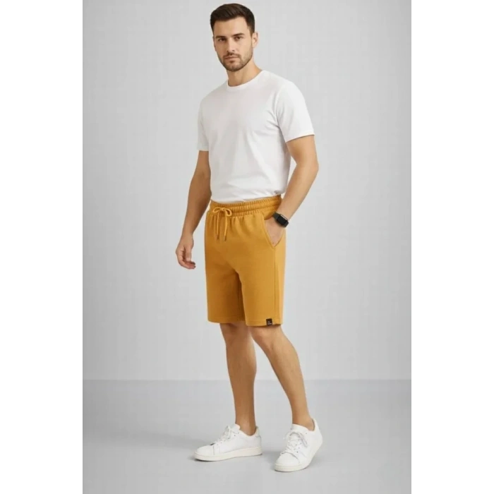 Erkek Otoban Dokuma Şort Beli Lastikli Bağcıklı, Cepli, Rahat Kesim Günlük Yazlık Şort - Hardal