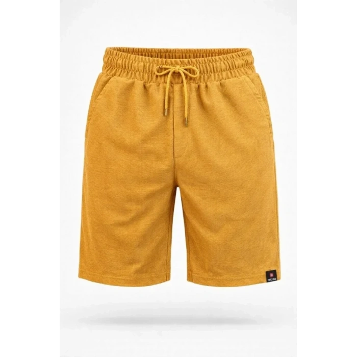 Erkek Otoban Dokuma Şort Beli Lastikli Bağcıklı, Cepli, Rahat Kesim Günlük Yazlık Şort - Hardal