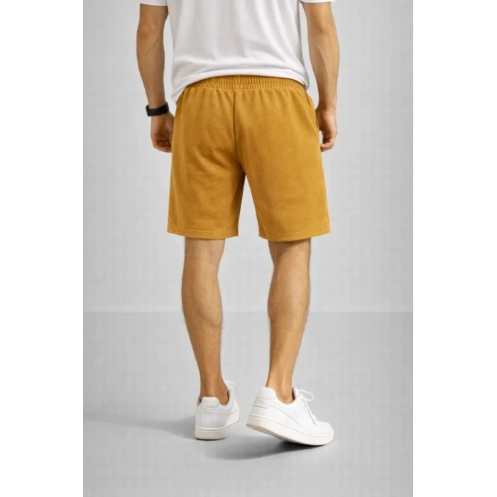 Erkek Otoban Dokuma Şort Beli Lastikli Bağcıklı, Cepli, Rahat Kesim Günlük Yazlık Şort - Hardal