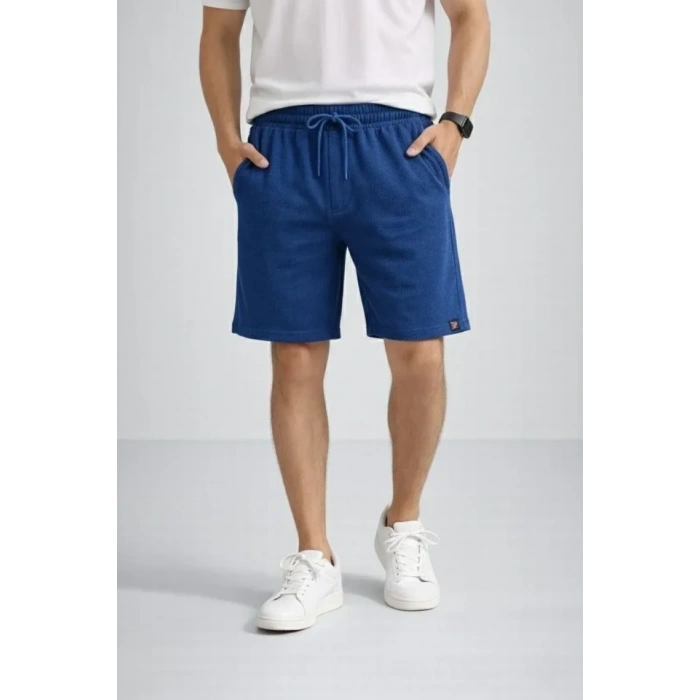 Erkek Otoban Dokuma Şort Beli Lastikli Bağcıklı, Cepli, Rahat Kesim Günlük Yazlık Şort - İndigo
