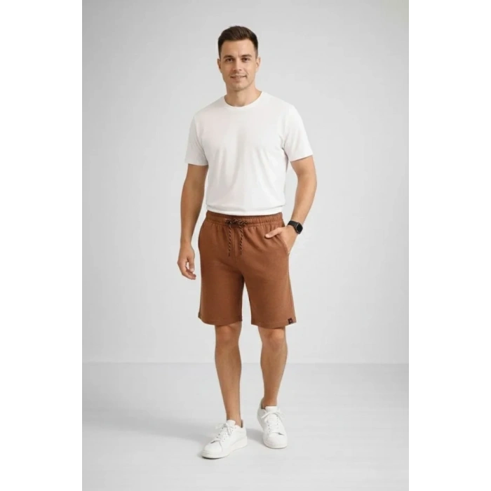 Erkek Otoban Dokuma Şort Beli Lastikli Bağcıklı, Cepli, Rahat Kesim Günlük Yazlık Şort - Kahverengi