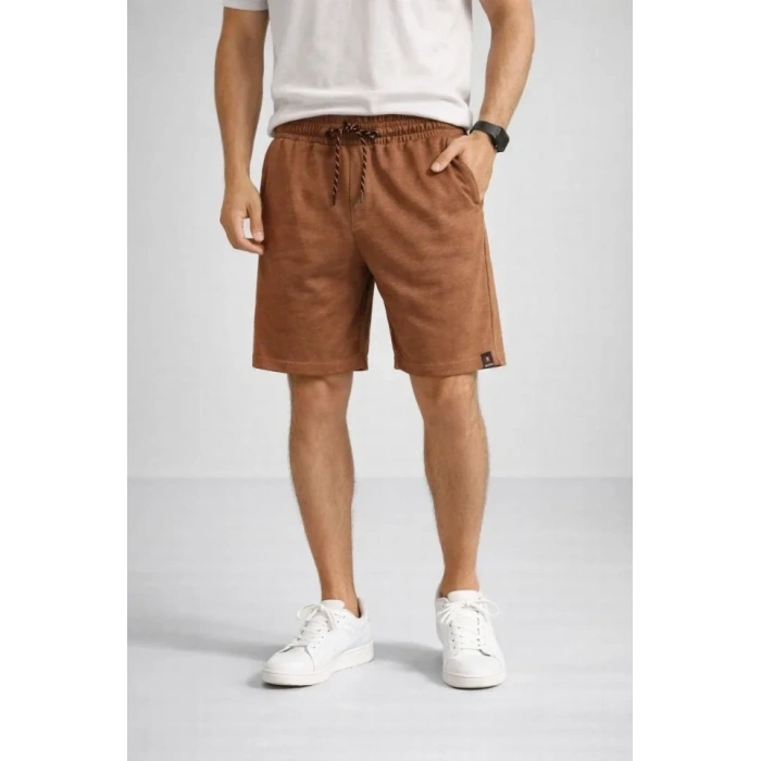 Erkek Otoban Dokuma Şort Beli Lastikli Bağcıklı, Cepli, Rahat Kesim Günlük Yazlık Şort - Kahverengi