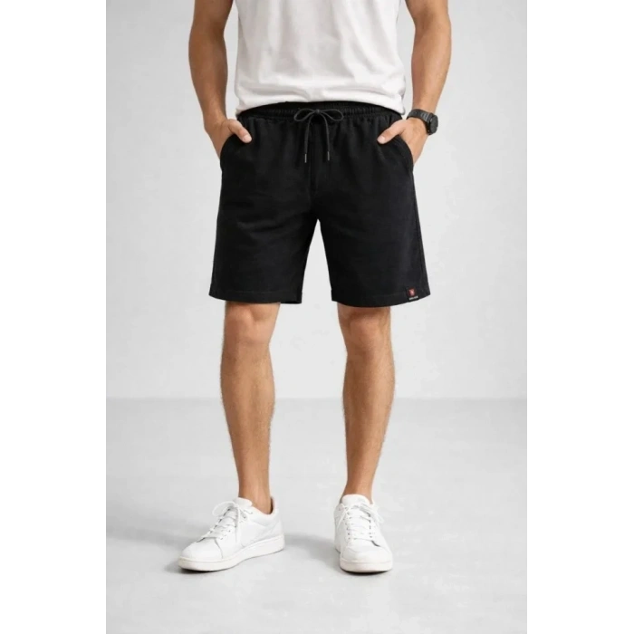 Erkek Otoban Dokuma Şort Beli Lastikli Bağcıklı, Cepli, Rahat Kesim Günlük Yazlık Şort - Siyah