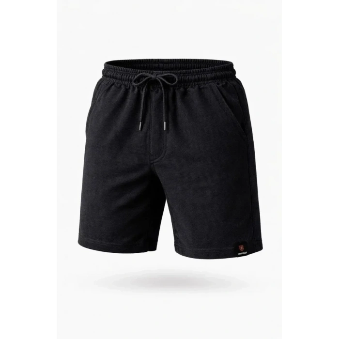 Erkek Otoban Dokuma Şort Beli Lastikli Bağcıklı, Cepli, Rahat Kesim Günlük Yazlık Şort - Siyah